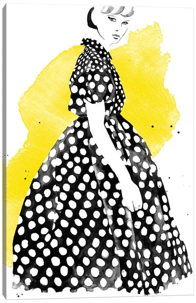 Polka Dot Dress Canvas Art Print - Black, White & Yellow Art