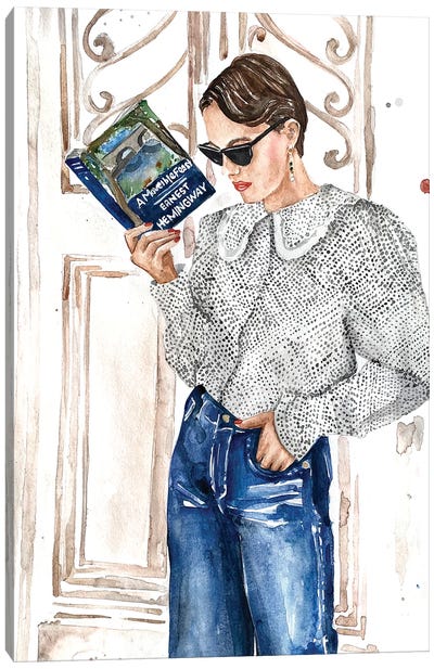 French Elegant Woman Reading Book By Ernest Hemingway Canvas Art Print - Olga Crée