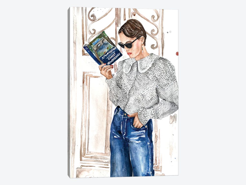 French Elegant Woman Reading Book By Ernest Hemingway by Olga Crée 1-piece Canvas Wall Art