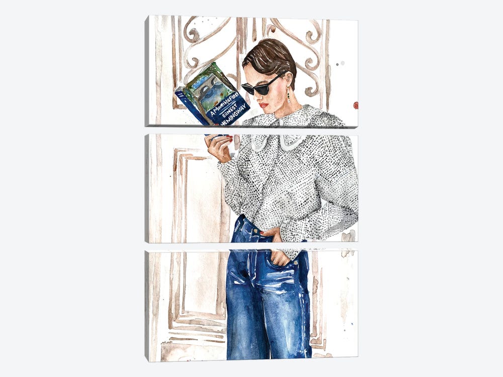 French Elegant Woman Reading Book By Ernest Hemingway by Olga Crée 3-piece Canvas Wall Art