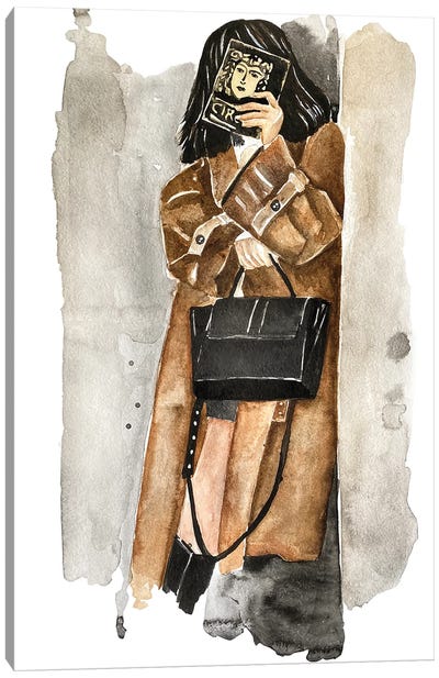 Woman In Beige Coat Read Book By Madeline Miller Canvas Art Print - Women's Coat & Jacket Art