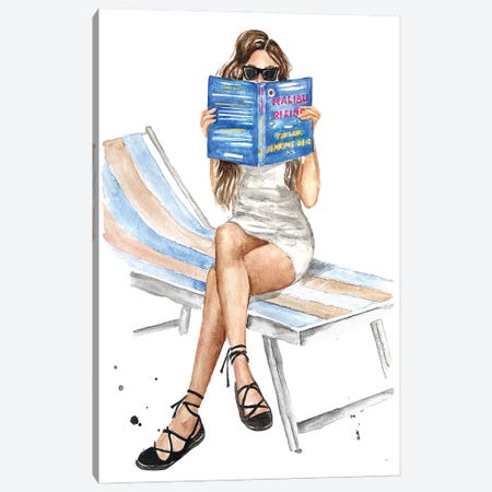 Girl In Deck Chair Read Malibu Rising By Taylor Jenkins Reid Canvas Print #OCR88} by Olga Crée Canvas Artwork