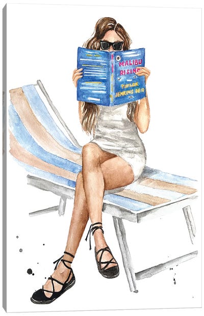 Girl In Deck Chair Read Malibu Rising By Taylor Jenkins Reid Canvas Art Print - Olga Crée