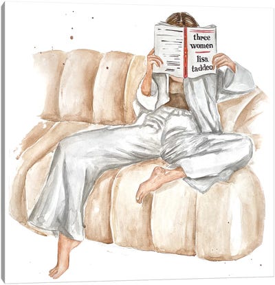 Relaxed Woman In The Coach Reading Three Women By Lisa Taddeo Canvas Art Print - Women's Pants Art