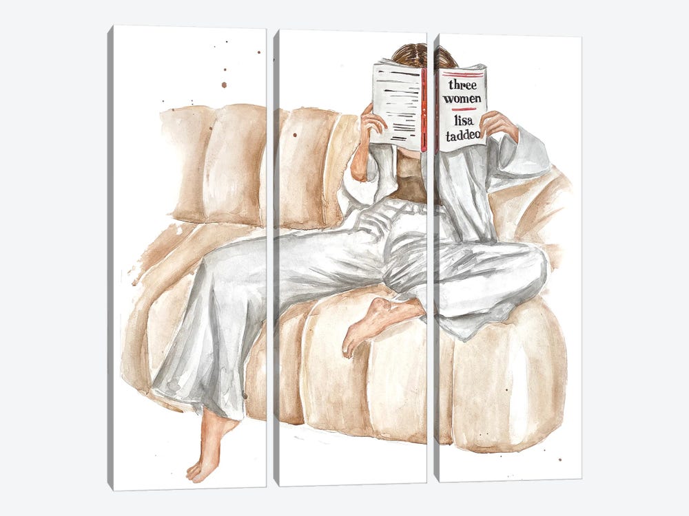 Relaxed Woman In The Coach Reading Three Women By Lisa Taddeo by Olga Crée 3-piece Canvas Art Print