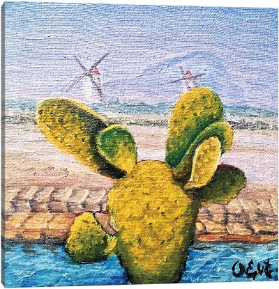 Cactus, Salt And Windmills. Marsala, Sicily Canvas Art Print - Watermill & Windmill Art