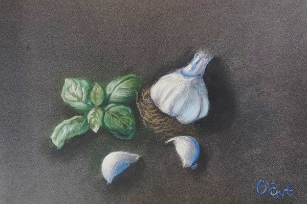 Contemporary Fine Art: Garlic And Basil From Life by Oksana Evteeva