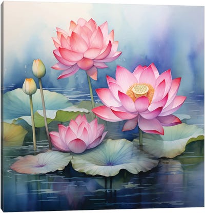Watercolor Lotuses Canvas Art Print - Pond Art