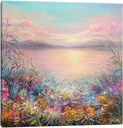 Pink Dawn On The Lake Canvas Art Print - Landscapes in Bloom