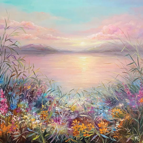 Landscapes In Bloom: Pink Dawn On The Lake by Olena Hontar