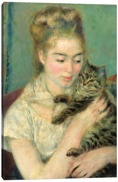 Woman With Cat (Femme Au Chat), 1875 Canvas Art Print - Pierre Auguste Renoir