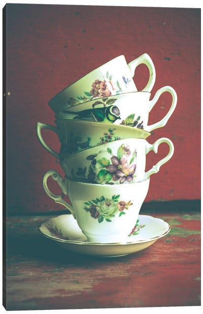 Vintage Tea Cups Canvas Art Print - Pomegranate and Jade