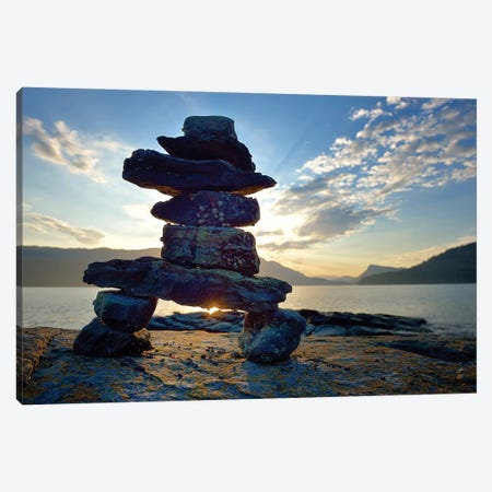 Canada, British Columbia, Russell Island. Rock Inukshuk in front of Salt Spring Island. Canvas Print #OKE1} by Kevin Oke Art Print