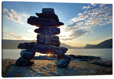 Canada, British Columbia, Russell Island. Rock Inukshuk in front of Salt Spring Island. Canvas Art Print