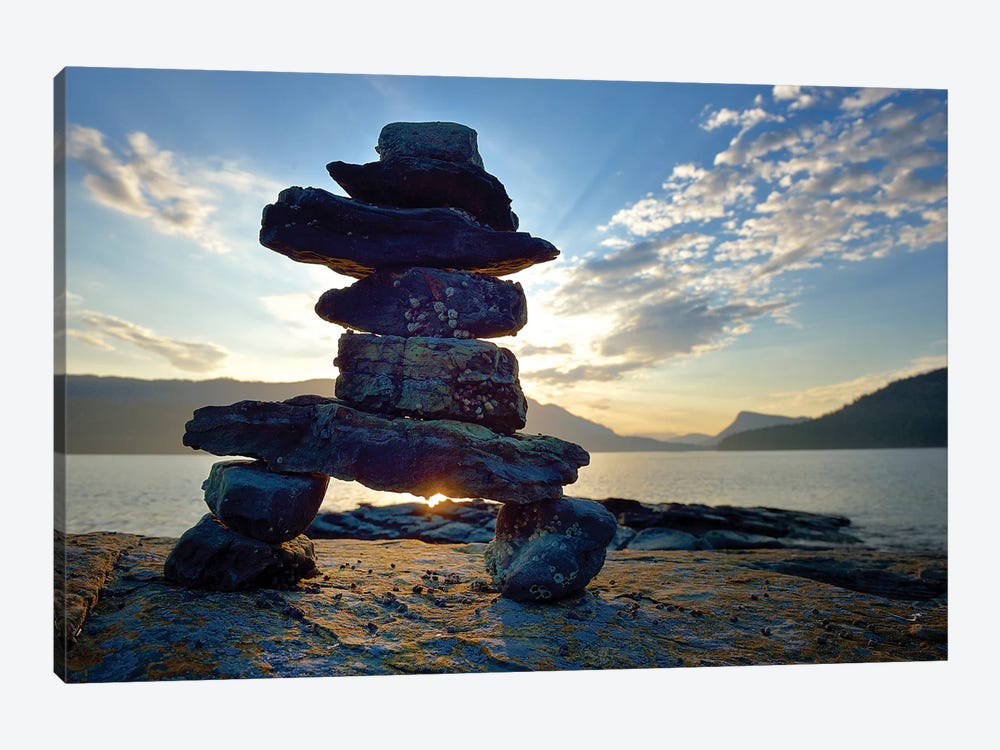 Canada, British Columbia, Russell Island. Rock Inukshuk in front of Salt Spring Island. by Kevin Oke 1-piece Art Print