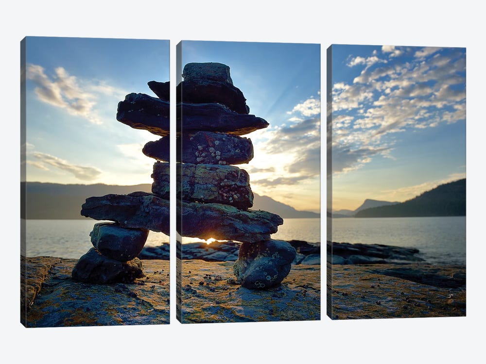 Canada, British Columbia, Russell Island. Rock Inukshuk in front of Salt Spring Island. by Kevin Oke 3-piece Art Print