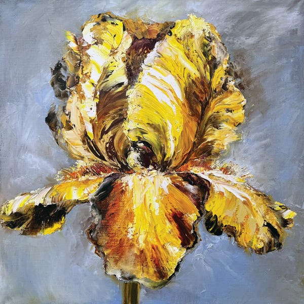 Oksana Petrova: Yellow Iris On Blue by Oksana Petrova