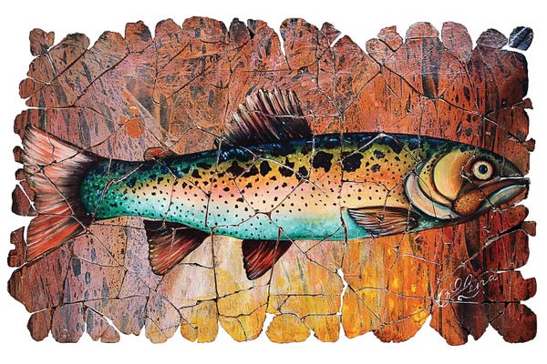 OLena Art: Vintage Red Trout Fresco by OLena Art