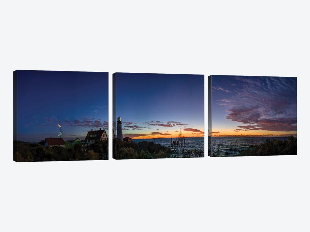 Portland Maine Head Light At Dawn Panorama by OLena Art 3-piece Canvas Wall Art