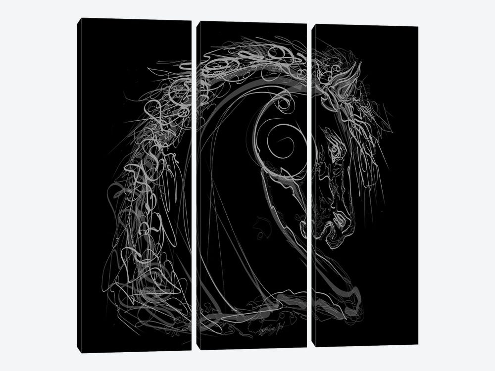 White Stallion Line Drawing Black Background by OLena Art 3-piece Canvas Art Print
