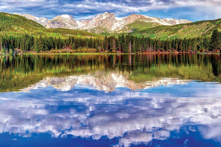 Spring Morning Scenic View Of Sprague Lake Against Cloudy Sky