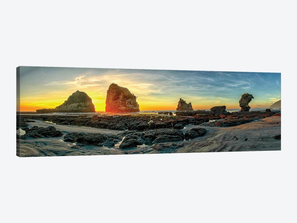 The Motukiekie Beach Panorama In Greymouth, West Coast, New Zealand Just Before Sunset by OLena Art 1-piece Canvas Print
