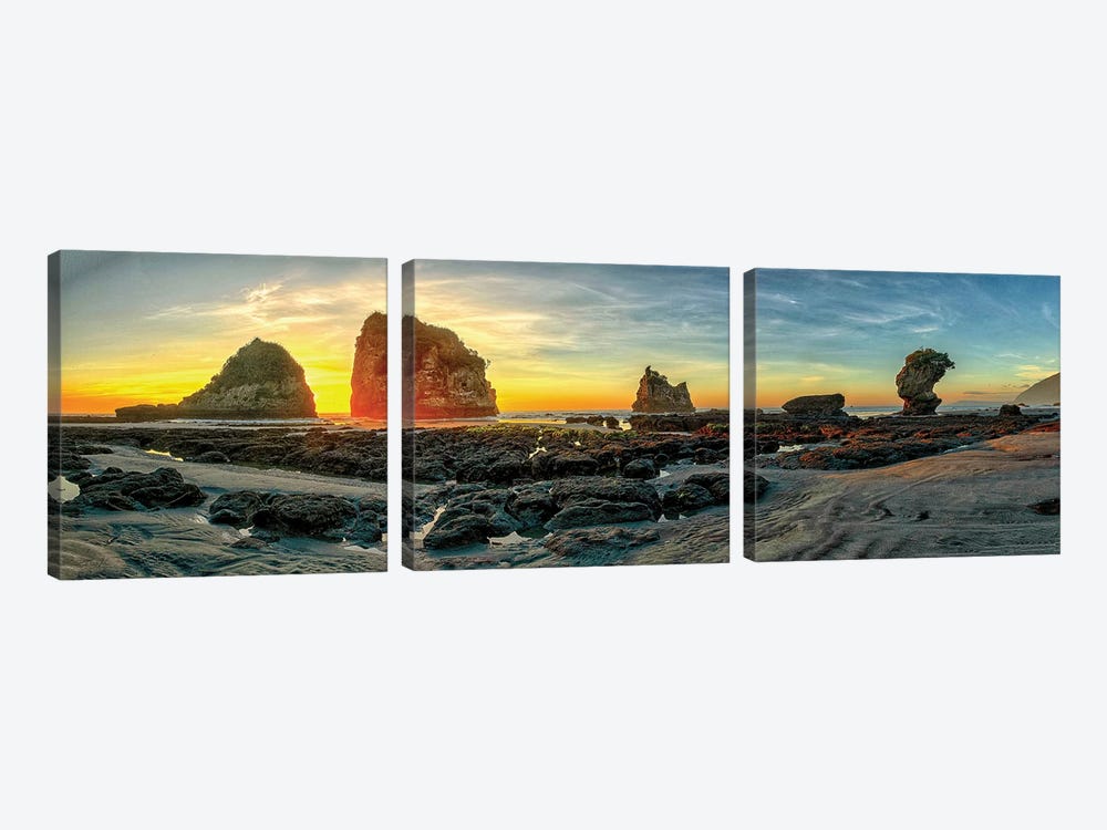 The Motukiekie Beach Panorama In Greymouth, West Coast, New Zealand Just Before Sunset by OLena Art 3-piece Canvas Art Print