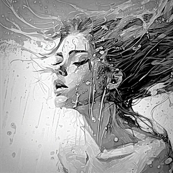 OLena Art: Expressionistic Painting Of A Woman Swimming In The Pool In Black And White by OLena Art