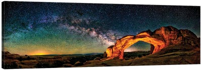 A Glowing Milky Way Rises Over Broken Arch In Arches National Park, Utah Canvas Art Print - Panoramic Photography