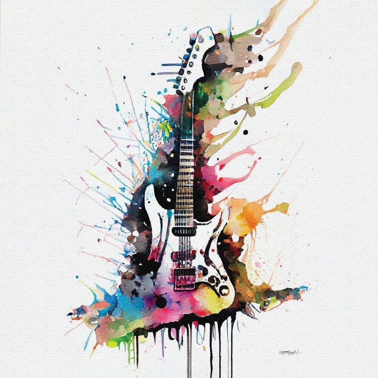 Colorful Watercolor Guitar Illustration On White Background