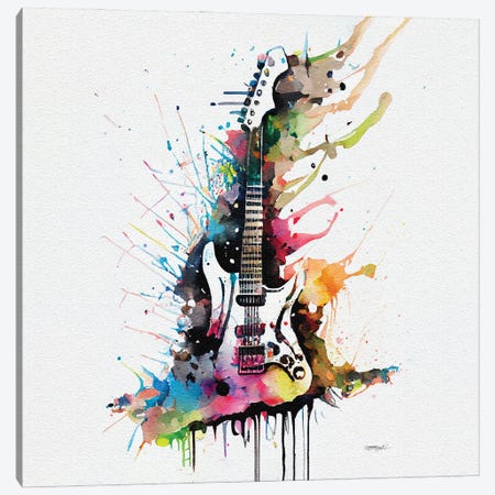 Colorful Watercolor Guitar Illustration On White Background Canvas Print #OLE314} by OLena Art Canvas Artwork