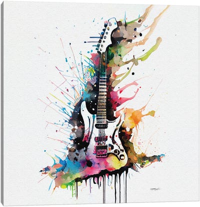 Colorful Watercolor Guitar Illustration On White Background Canvas Art Print - OLena art