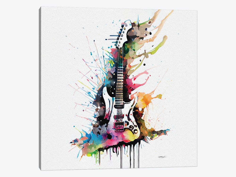 Colorful Watercolor Guitar Illustration On White Background by OLena Art 1-piece Canvas Art