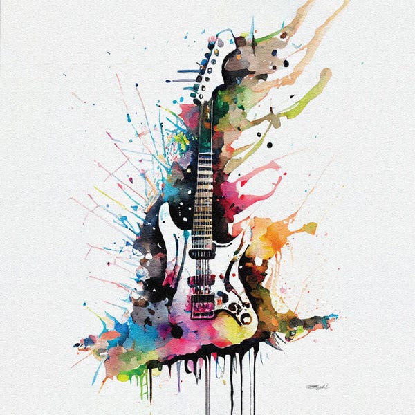 Guitars: Colorful Watercolor Guitar Illustration On White Background by OLena Art