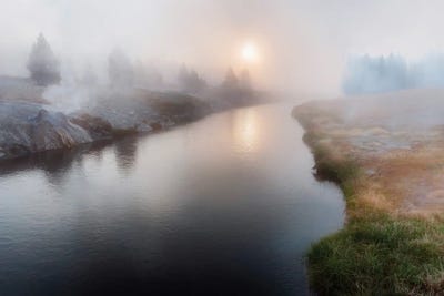 Panoramic View Of A Foggy River At Dawn by OLena Art metal wall art