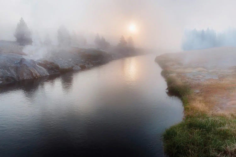 Panoramic View Of A Foggy River At Dawn