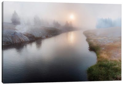 Panoramic View Of A Foggy River At Dawn Canvas Art Print - OLena art