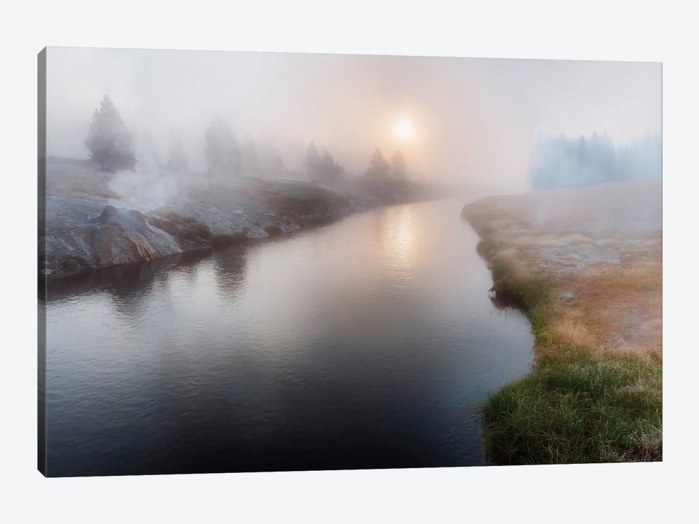 Panoramic View Of A Foggy River At Dawn by OLena Art 1-piece Canvas Wall Art