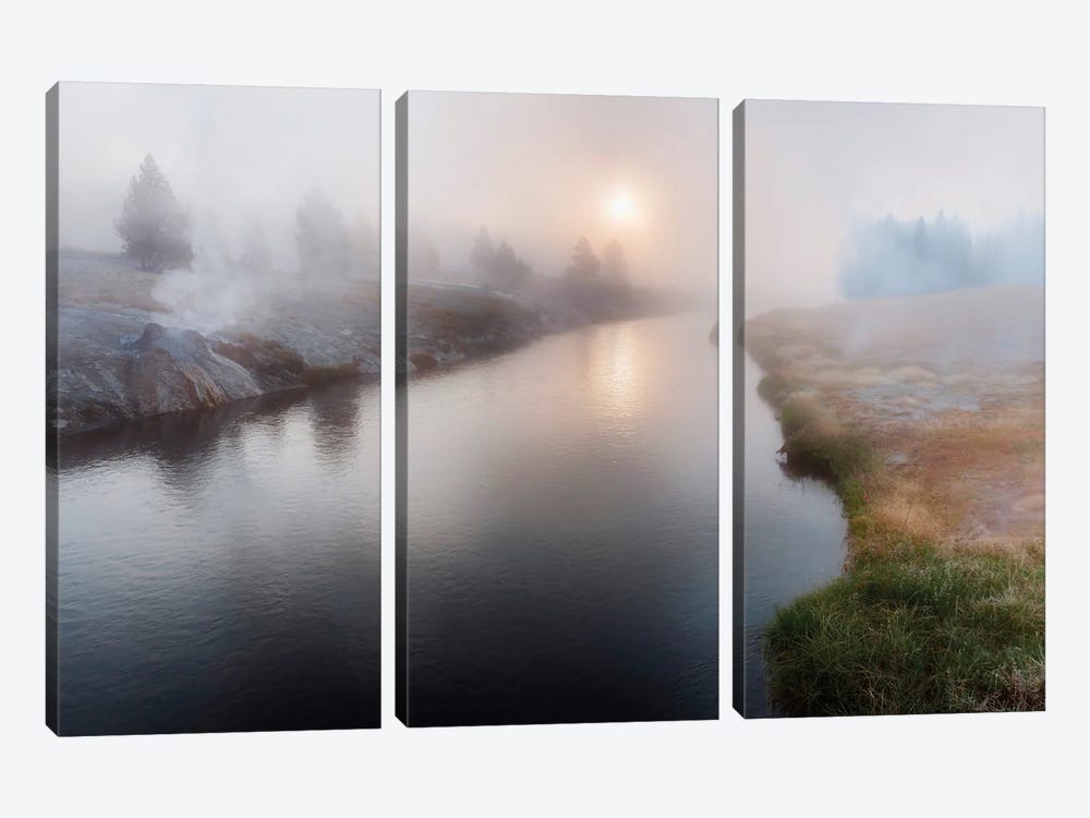 Panoramic View Of A Foggy River At Dawn by OLena Art 3-piece Canvas Wall Art