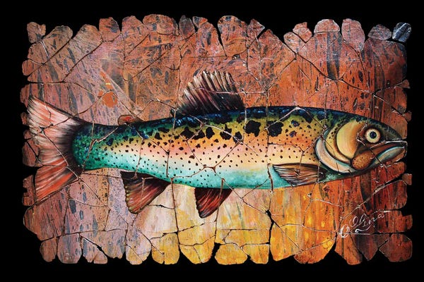 OLena Art: Red Trout Fresco Black Background by OLena Art
