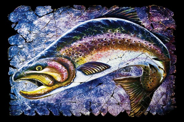 OLena Art: Vintage Blue Trout Fresco Black Background by OLena Art