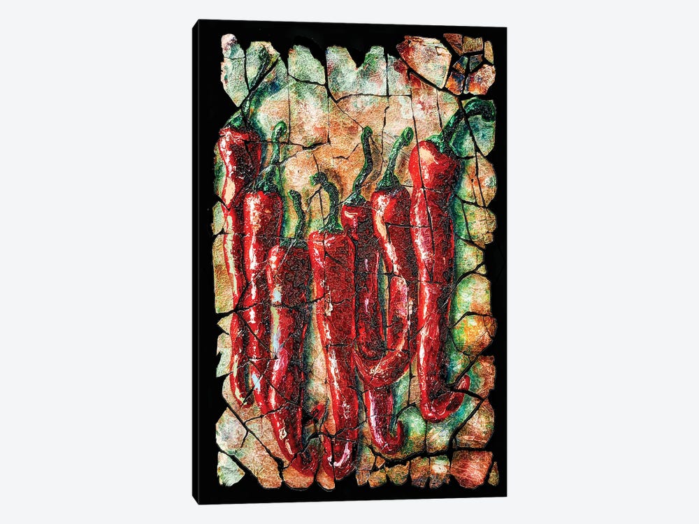 Hot Peppers Fresco With Crackled Background by OLena Art 1-piece Canvas Artwork