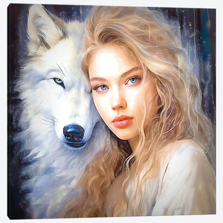 Siberian Girl And Tundra Wolf Saga Canvas Print #OLE377} by OLena Art Canvas Artwork
