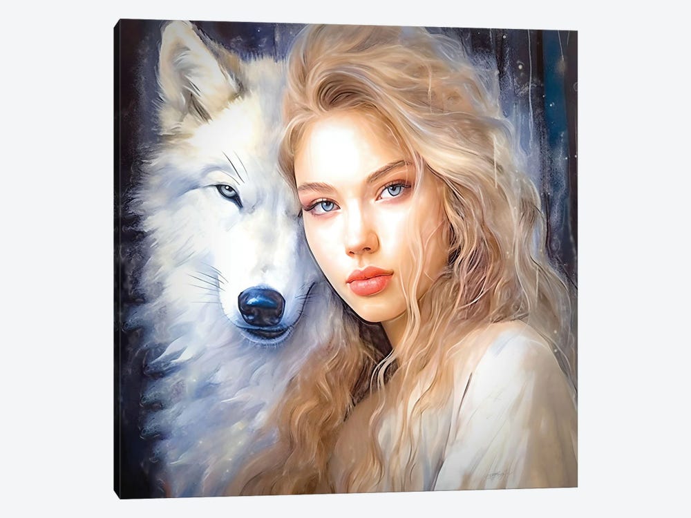 Siberian Girl And Tundra Wolf Saga by OLena Art 1-piece Canvas Art Print