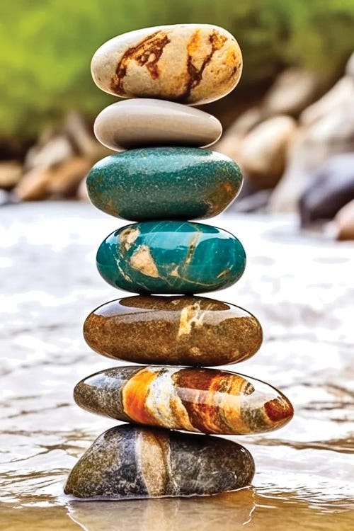 Zen Balancing Seid Stacking Stones On A Riverbank - I by OLena Art wall art
