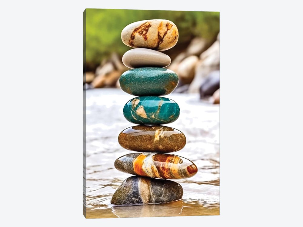 Zen Balancing Seid Stacking Stones On A Riverbank - I by OLena Art 1-piece Canvas Art Print