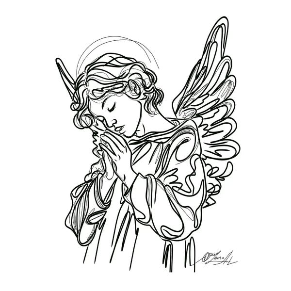 OLena Art: Guardian Angel Praying One-Line Drawing by OLena Art