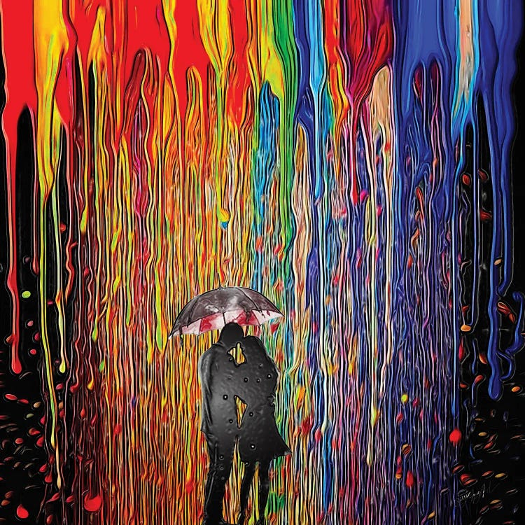 Umbrella Couple And Melted Crayon Rain by OLena Art wall art
