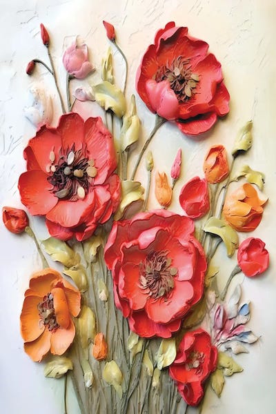 Poppies: Embedded Rhapsody Impasto Poppy Blooms by OLena Art
