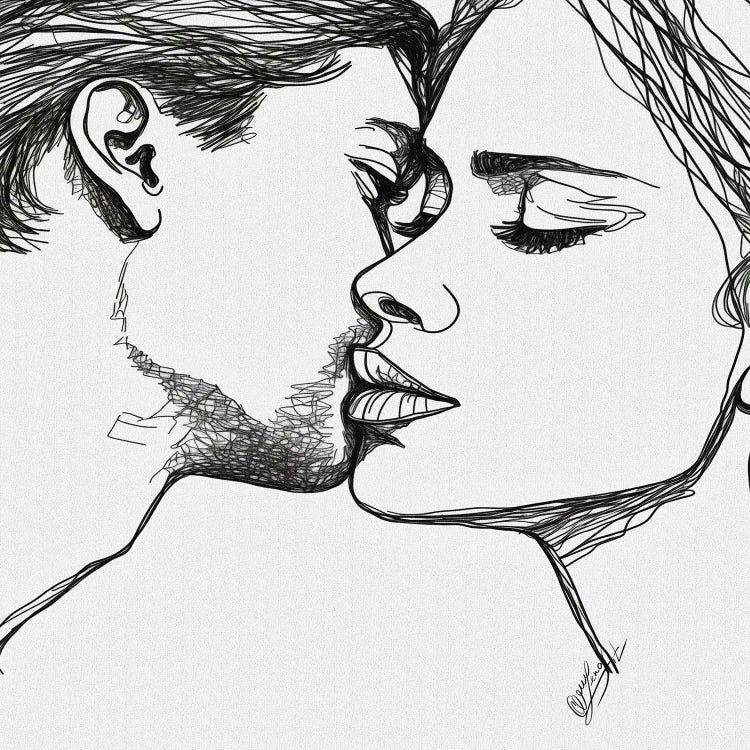 Loved - Couple Kissing One Line Art by OLena Art wall art